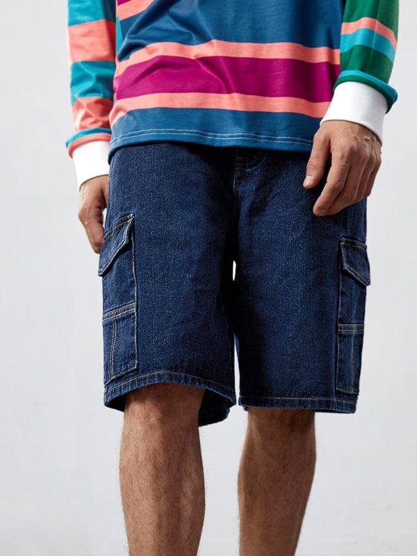 men's denim cargo shorts with a solid zipper and button closure, perfect for casual summer wear and equipped with pockets.