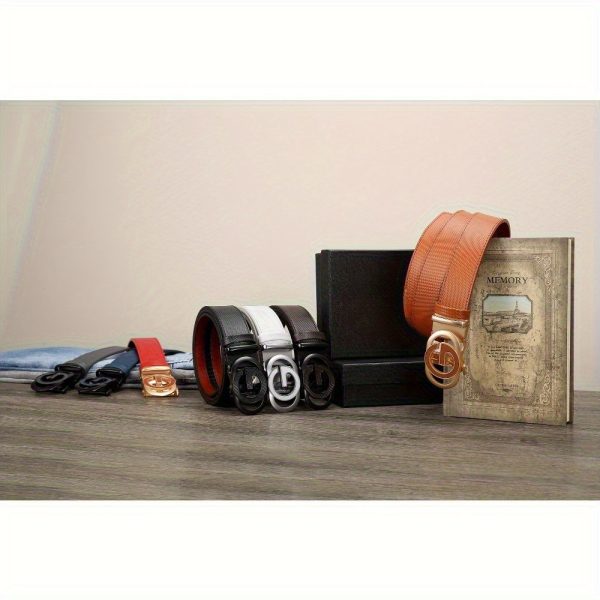 men's leather ratchet belt 2pcs, g letter buckle design, suitable for matching with jeans, casual pants suit pants,, creating an elegant gentleman image.it can be used as a gift for relatives and friends
