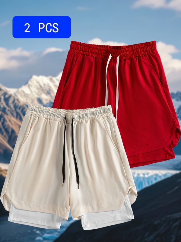 two piece sports non pleated shorts. new summer casual men's fashion shorts. breathable and quick drying material. casual men's sports shorts with pockets and drawstrings.
