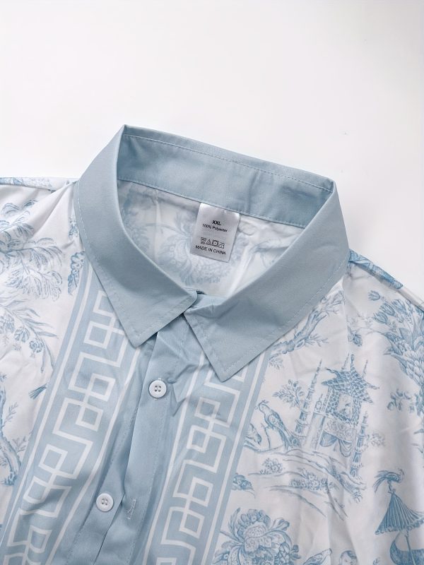 men's stylish light blue floral print short sleeve shirt & pants set casual polyester, button up with floral pattern, all season wear, casual attire|floral print shirt|polyester fabric