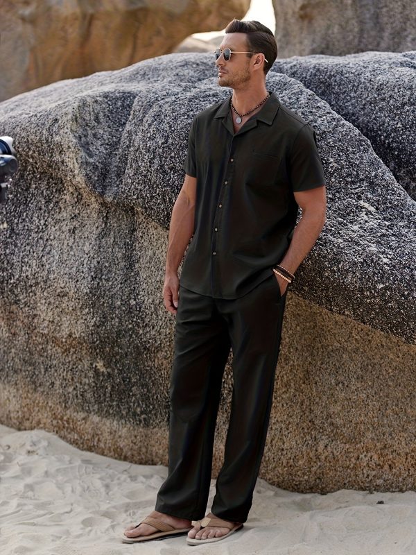 men 2pcs linen outfit beach button shirt casual loose pant sets