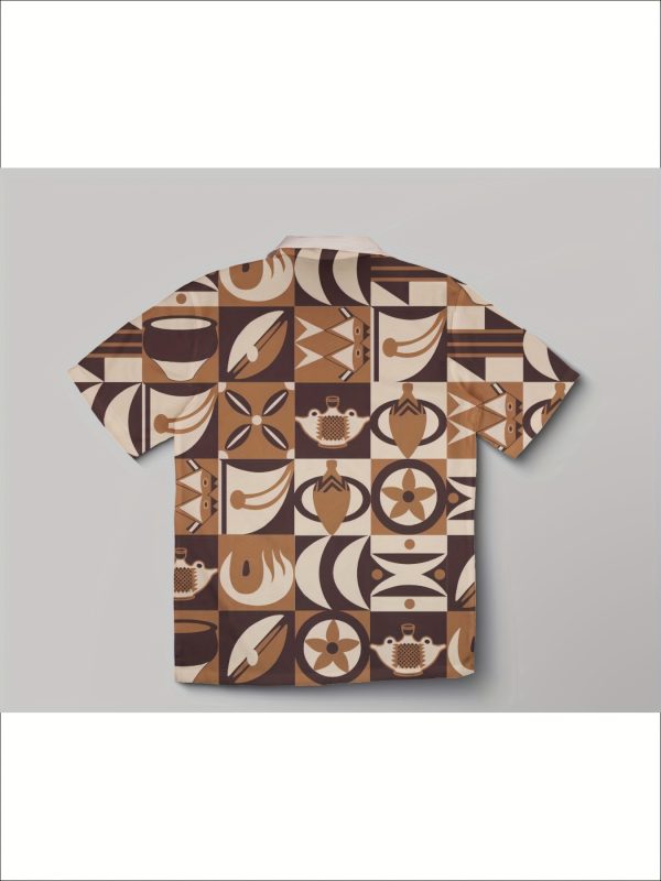 men's casual outfit consisting of a yangshao culture print short sleeved shirt and patchwork printed shorts, two piece set