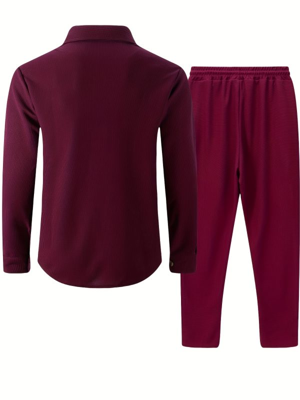 men's burgundy two piece set long sleeve button up shirt with chest pockets and drawstring pants, 2025 modern casual suit, perfect for fallu002fwinter, stylish streetwear|sophisticated style|polyester blend