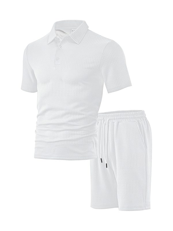 the short sleeved polo collar top is classic while maintaining a sense of style. its main body is paired with a unique texture, exuding a high end feel in its simplicity. the shorts in the same color scheme come with a drawstring design