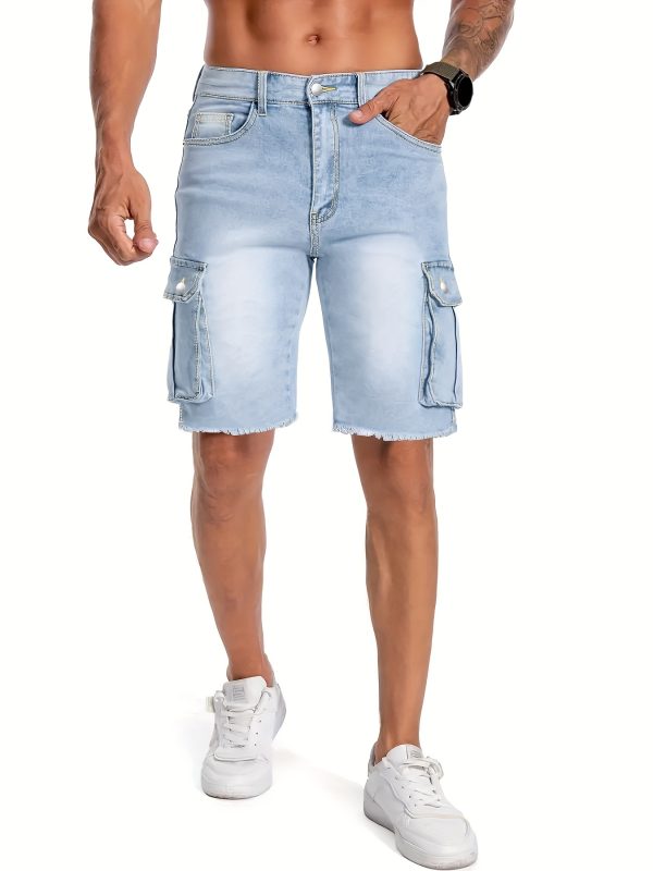 men's light blue washed frayed hem denim cargo shorts slim fit high waisted stretch mid length with multiple utility pockets, machine washable casual streetwear for spring & summer, relaxed street style, high waisted shorts