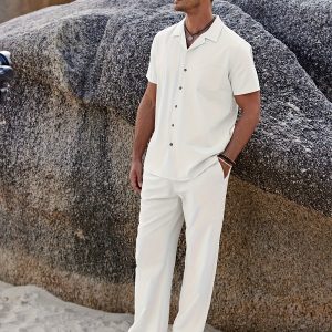 men 2pcs linen outfit beach button shirt casual loose pant sets