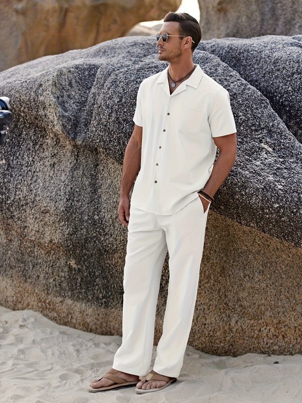 men 2pcs linen outfit beach button shirt casual loose pant sets