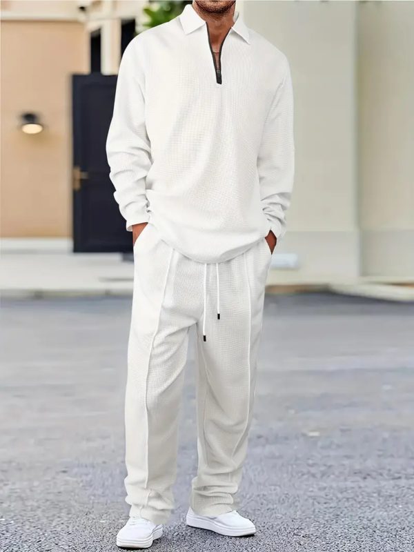men's casual sportswear lapel zipper long sleeve waffle top drawstring trousers autumn clothing, solid color, machine washable spring & autumn, outdoor, ideal