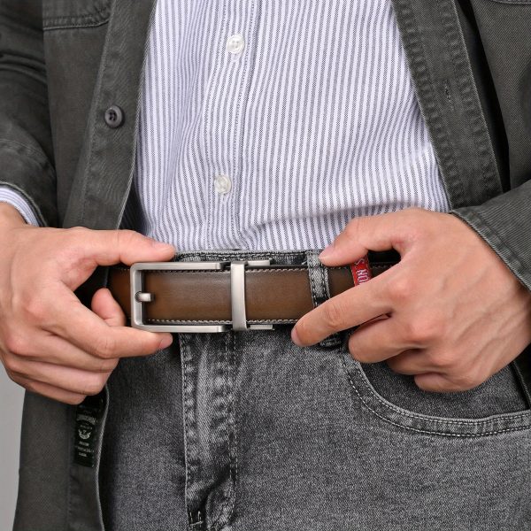 2pcs men's leather belt, slide belt with premium leather, ratchet dress belt with automatic click buckle