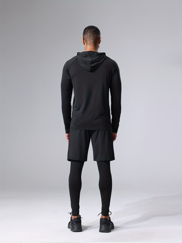 4pcs athletic sportswear set, polyester 95% elastane 5% knit fabric, all season crew neck hoodie, skinny fit solid color, breathable quick dry for running, fitness, cycling & outdoor activities