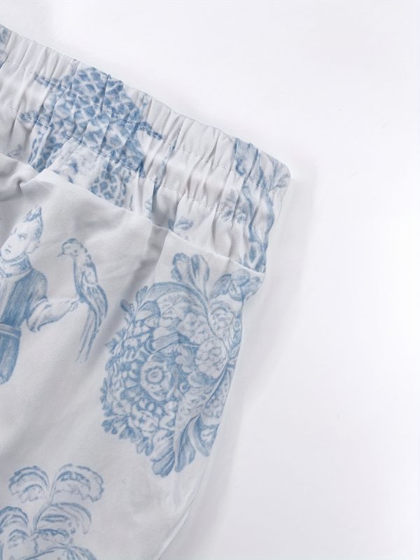 men's stylish light blue floral print short sleeve shirt & pants set casual polyester, button up with floral pattern, all season wear, casual attire|floral print shirt|polyester fabric