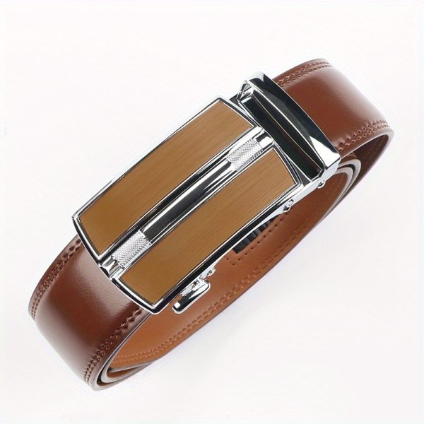 2pcs genuine leather ratchet belt for men adjustable automatic buckle, versatile casual business style, durable alloy buckle, high quality leather panel, easy to wear and suitable for any occasion
