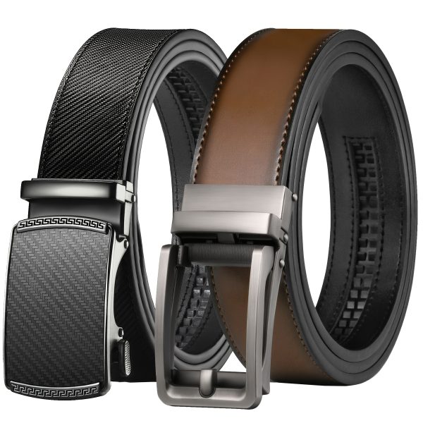 2pcs men's leather belt, slide belt with premium leather, ratchet dress belt with automatic click buckle