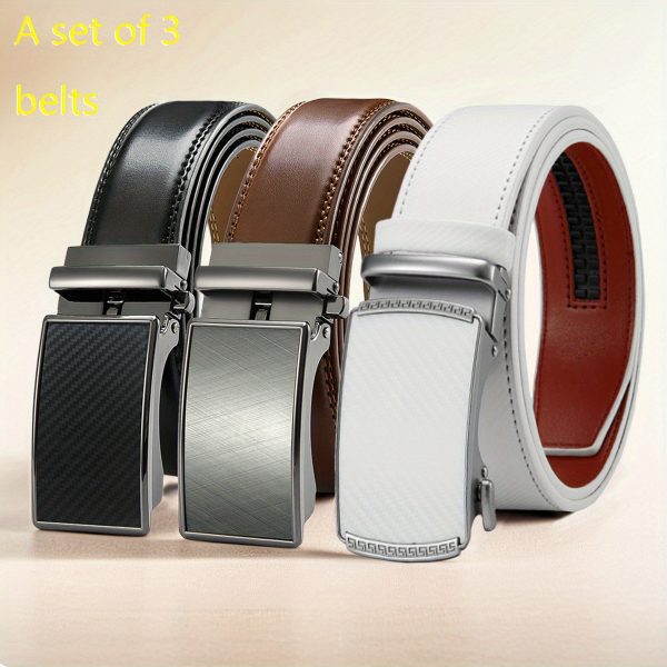 3pcs men's genuine leather belts with automatic buckle adjustable length, comfort fit, 3 styles (black, brown, white) for business casual & daily wear