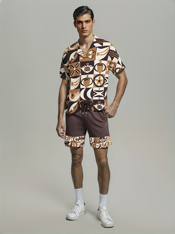 men's casual outfit consisting of a yangshao culture print short sleeved shirt and patchwork printed shorts, two piece set
