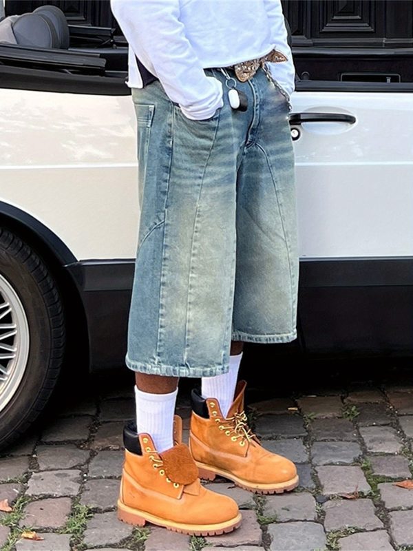 men's vintage jeans shorts non stretchy denim, loose fit knee length retro streetwear with functional pockets machine washable casual summer shorts for everyday outfits, denim shorts