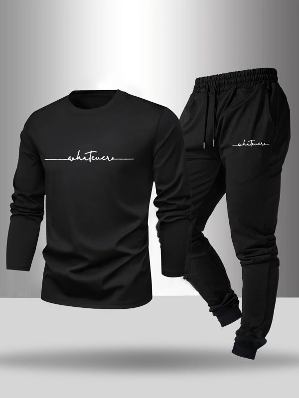 men's long sleeve t shirt and pants set, letter print round neck long sleeve tee + drawstring casual sport pants 2pcs set, spring autumn outdoor leisure suit