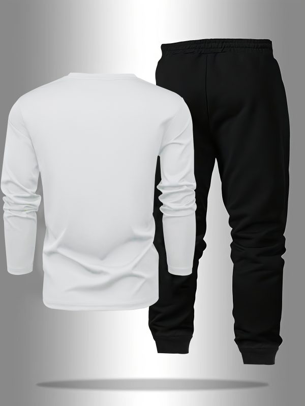 men's long sleeve t shirt and pants set, letter print round neck long sleeve tee + drawstring casual sport pants 2pcs set, spring autumn outdoor leisure suit