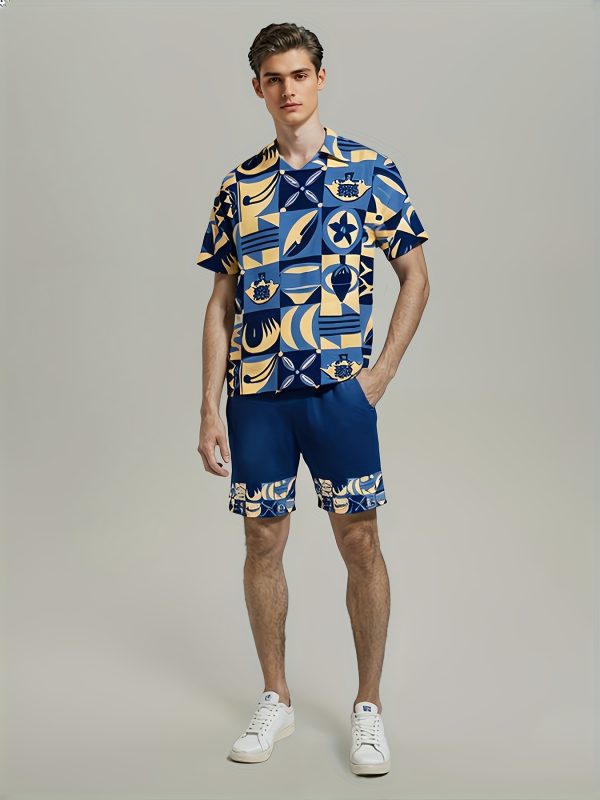 men's casual outfit consisting of a yangshao culture print short sleeved shirt and patchwork printed shorts, two piece set