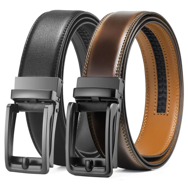 2pcs men's leather belt, slide belt with premium leather, ratchet dress belt with automatic click buckle